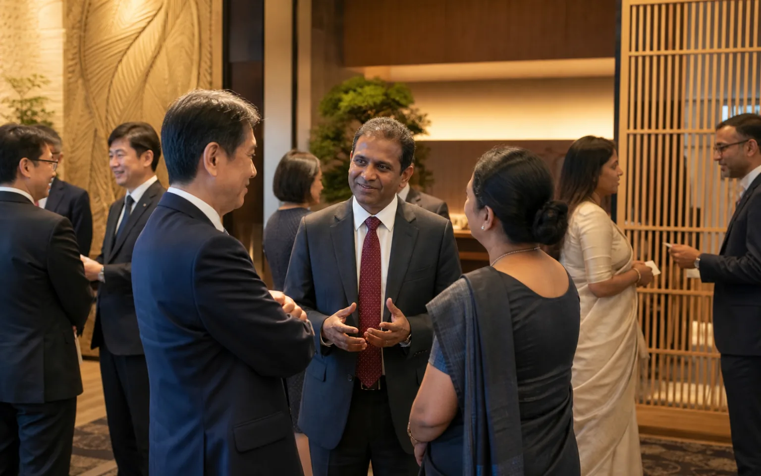 Sri Lankan and Japanese professionals building relationships at a business reception