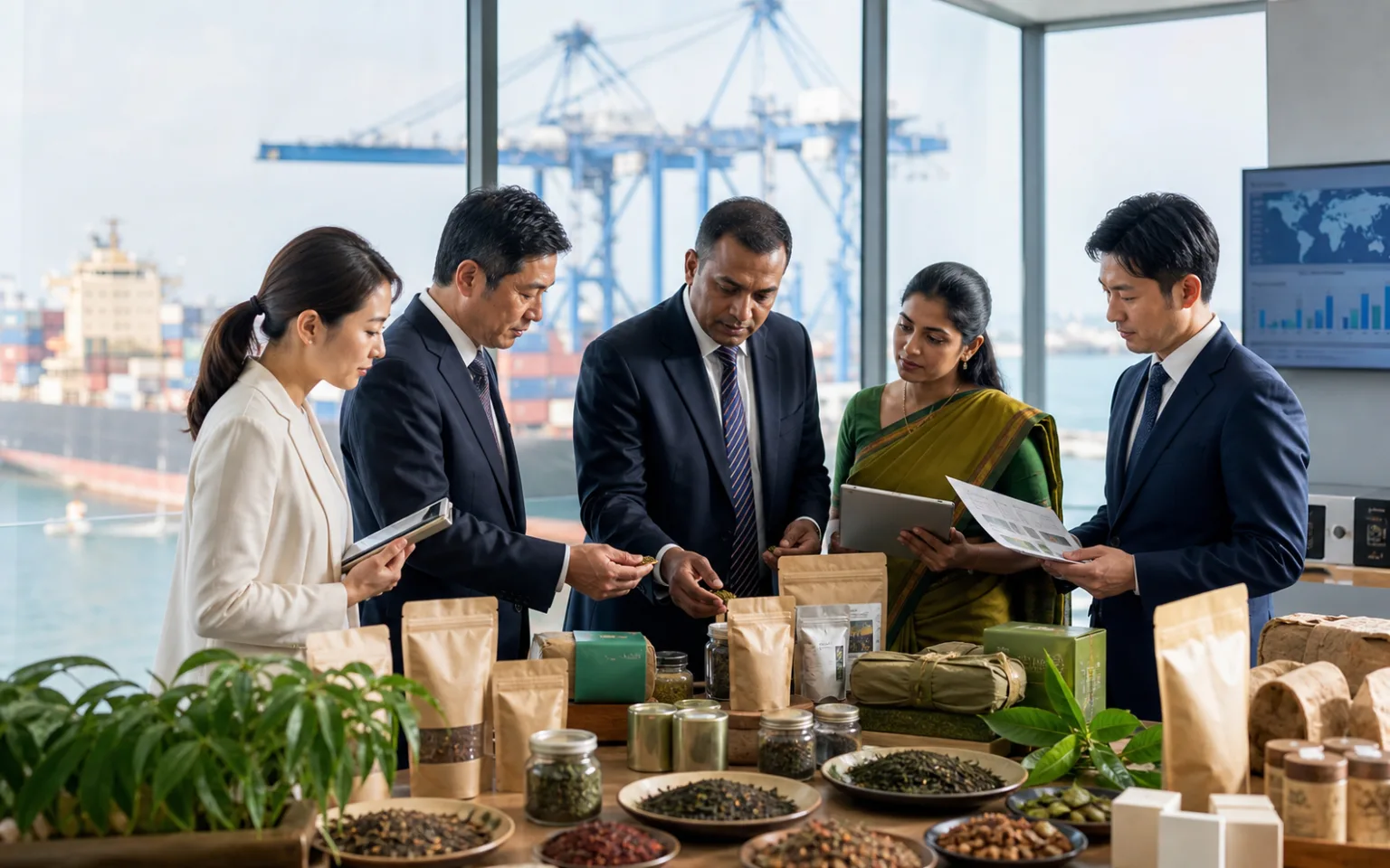 Sri Lankan and Japanese trade delegates reviewing export products and logistics